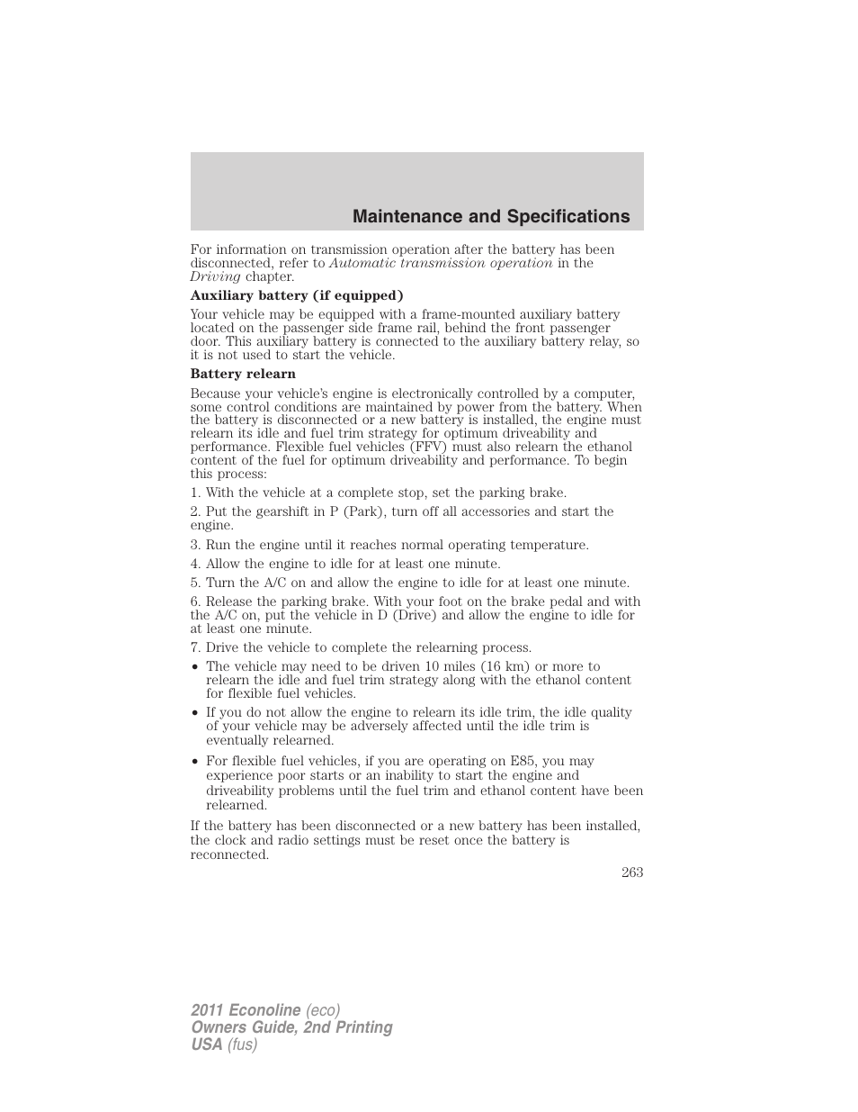 Maintenance and specifications | FORD 2011 E-450 v.2 User Manual | Page 263 / 334