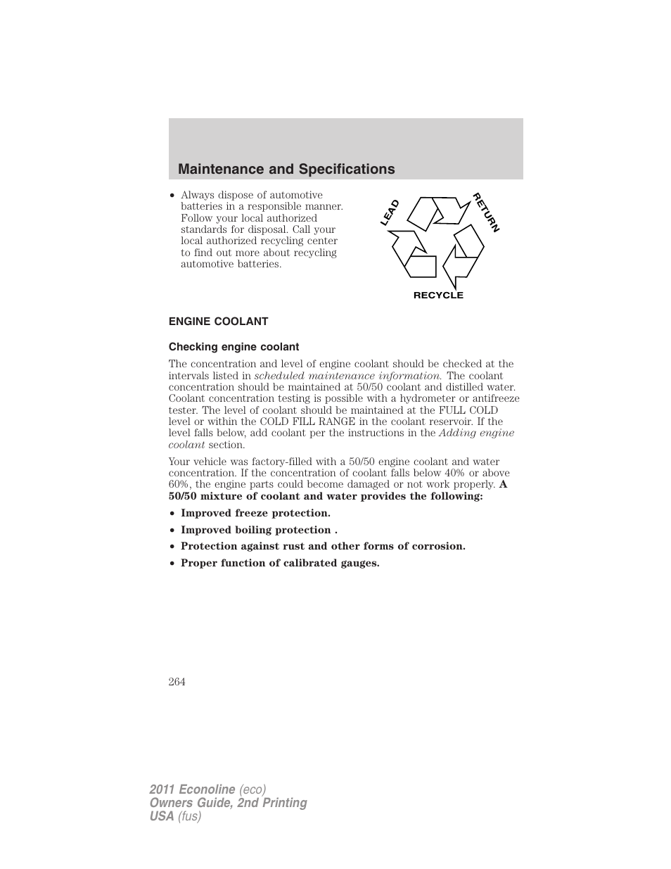 Engine coolant, Checking engine coolant, Maintenance and specifications | FORD 2011 E-450 v.2 User Manual | Page 264 / 334