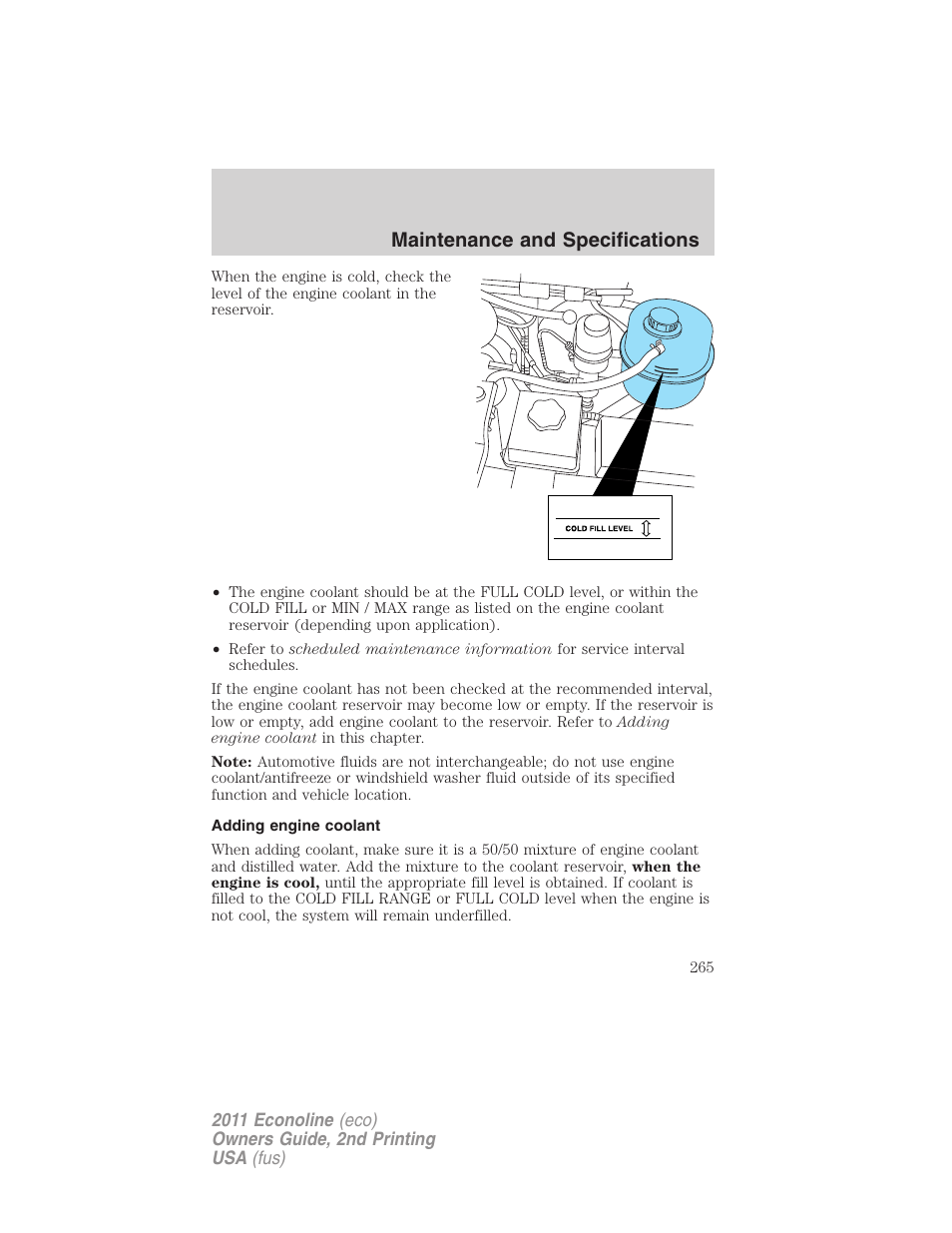 Adding engine coolant, Maintenance and specifications | FORD 2011 E-450 v.2 User Manual | Page 265 / 334