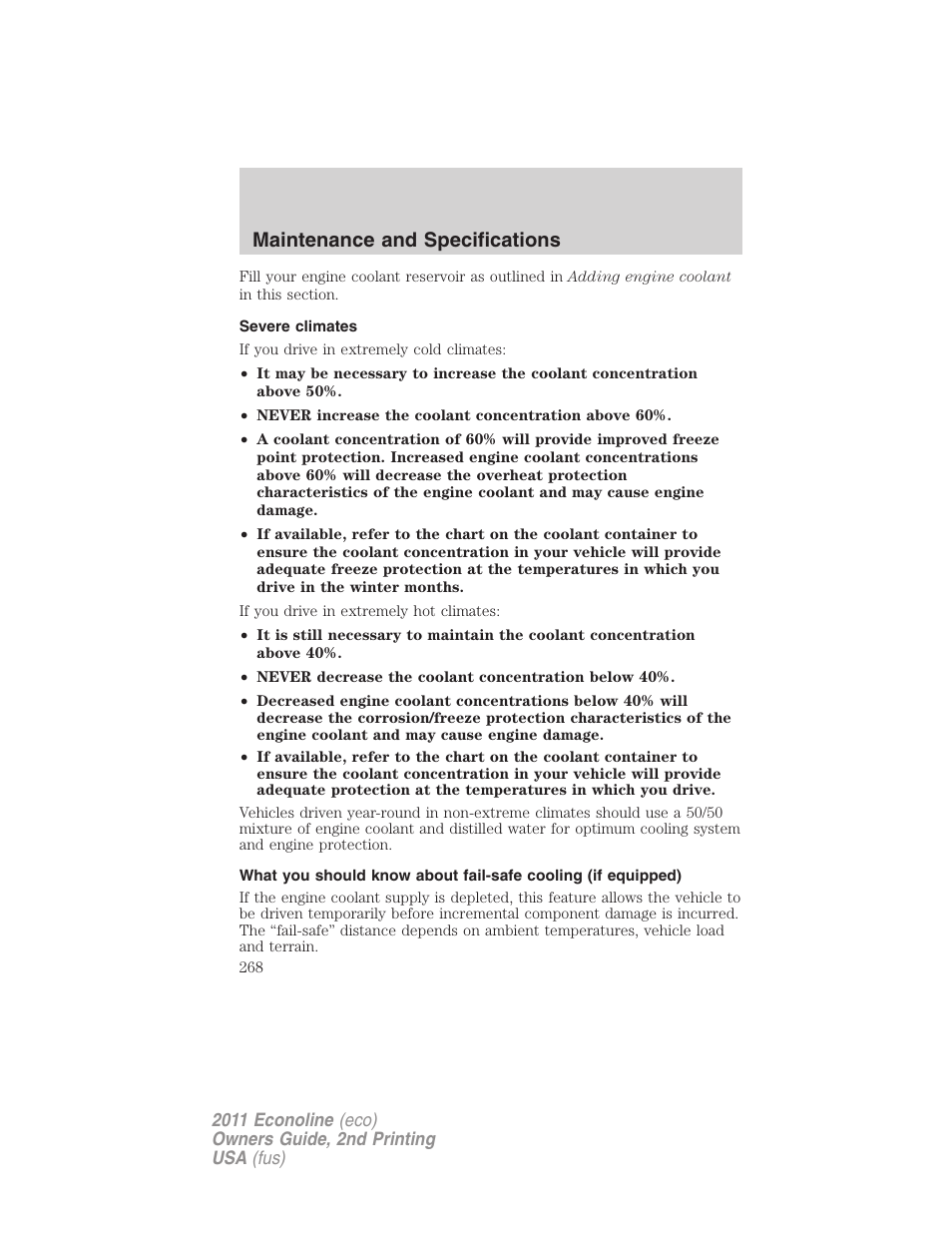 Severe climates, Maintenance and specifications | FORD 2011 E-450 v.2 User Manual | Page 268 / 334