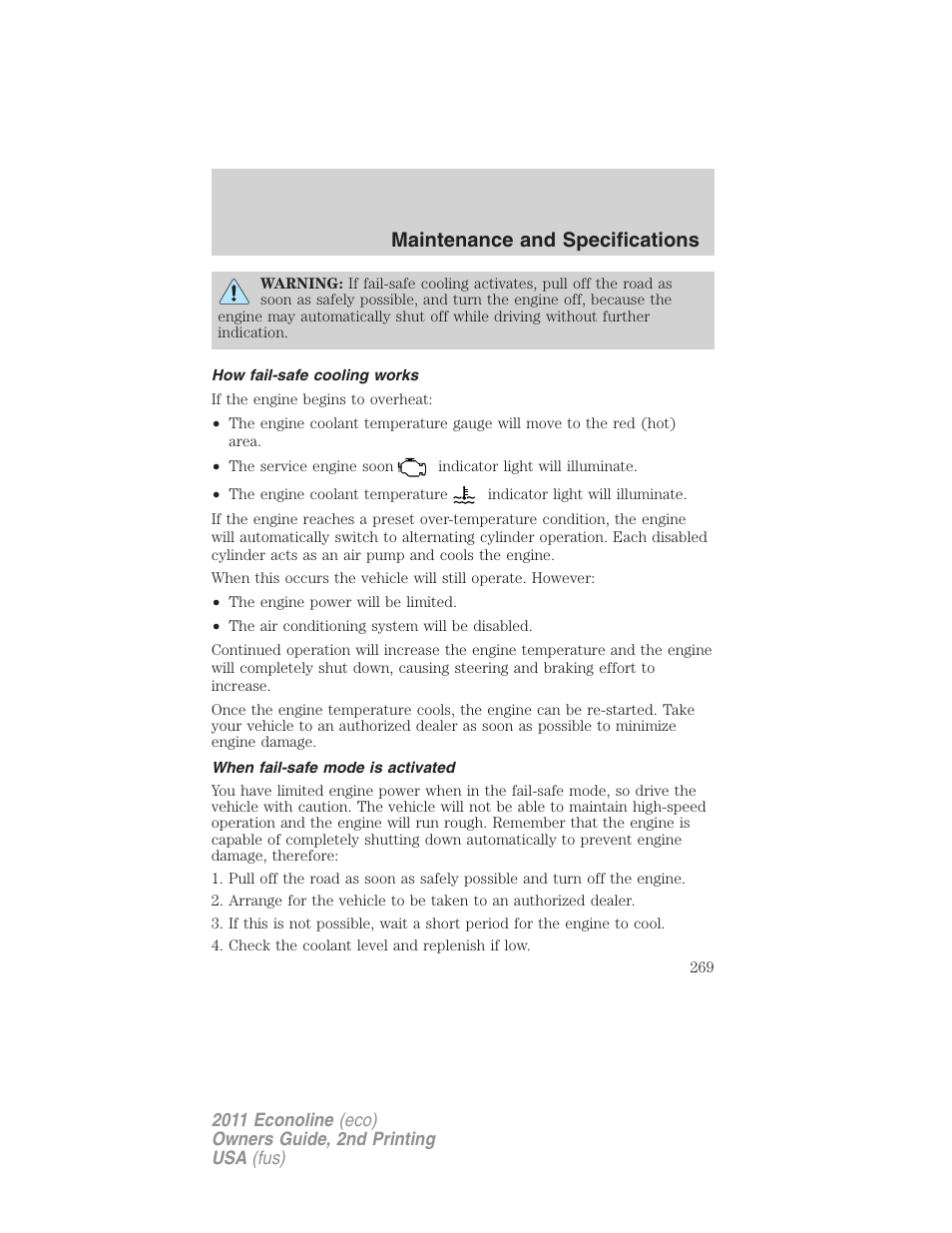 How fail-safe cooling works, When fail-safe mode is activated, Maintenance and specifications | FORD 2011 E-450 v.2 User Manual | Page 269 / 334