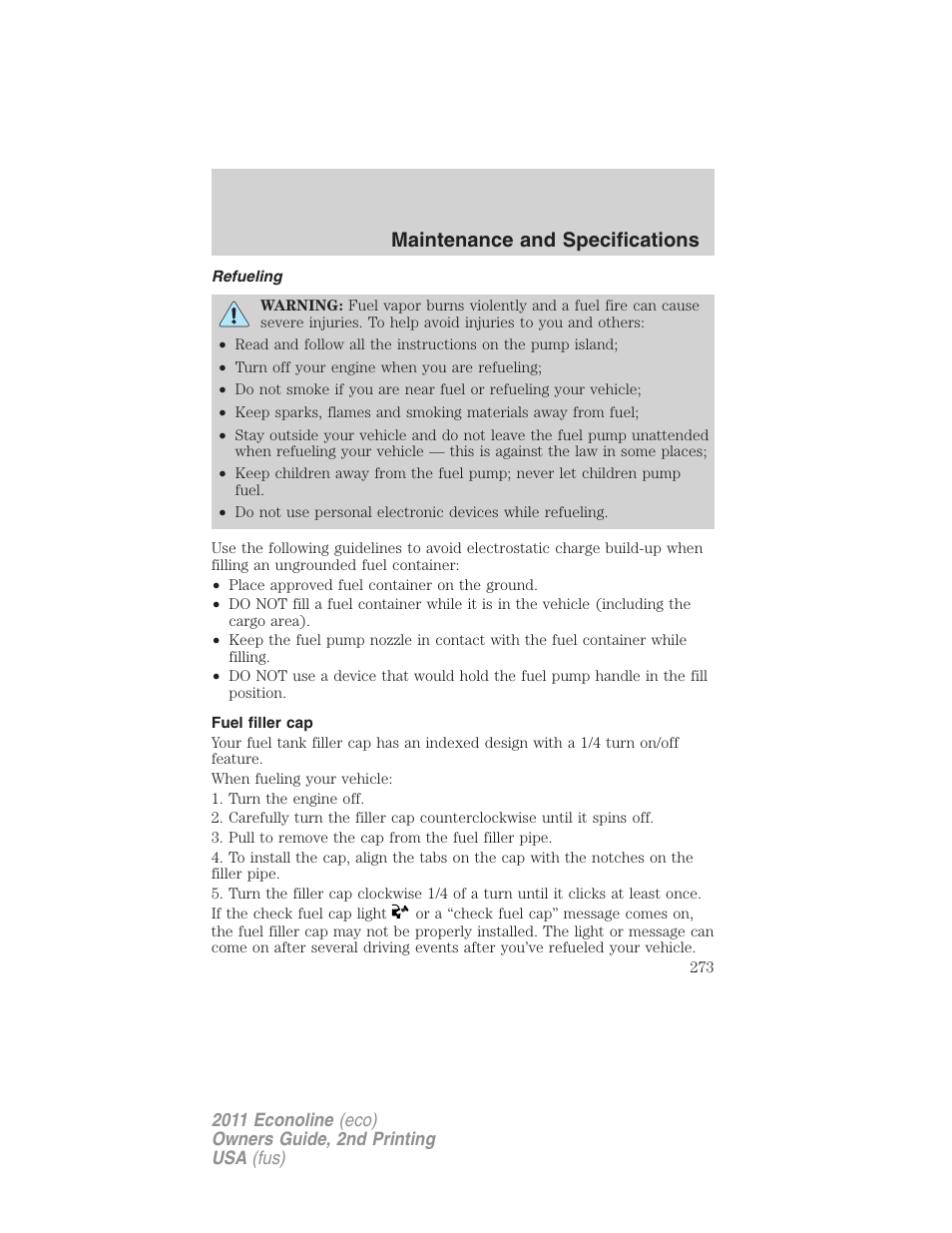 Refueling, Fuel filler cap, Maintenance and specifications | FORD 2011 E-450 v.2 User Manual | Page 273 / 334