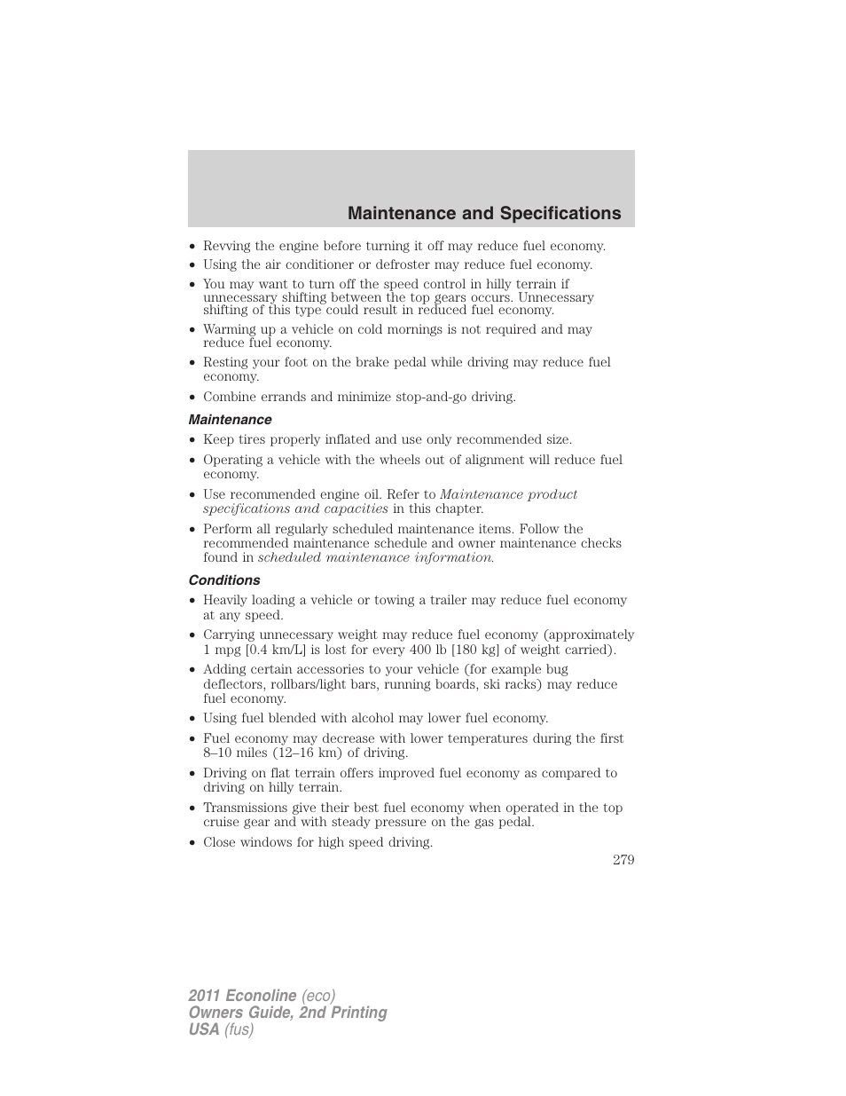 Maintenance, Conditions, Maintenance and specifications | FORD 2011 E-450 v.2 User Manual | Page 279 / 334