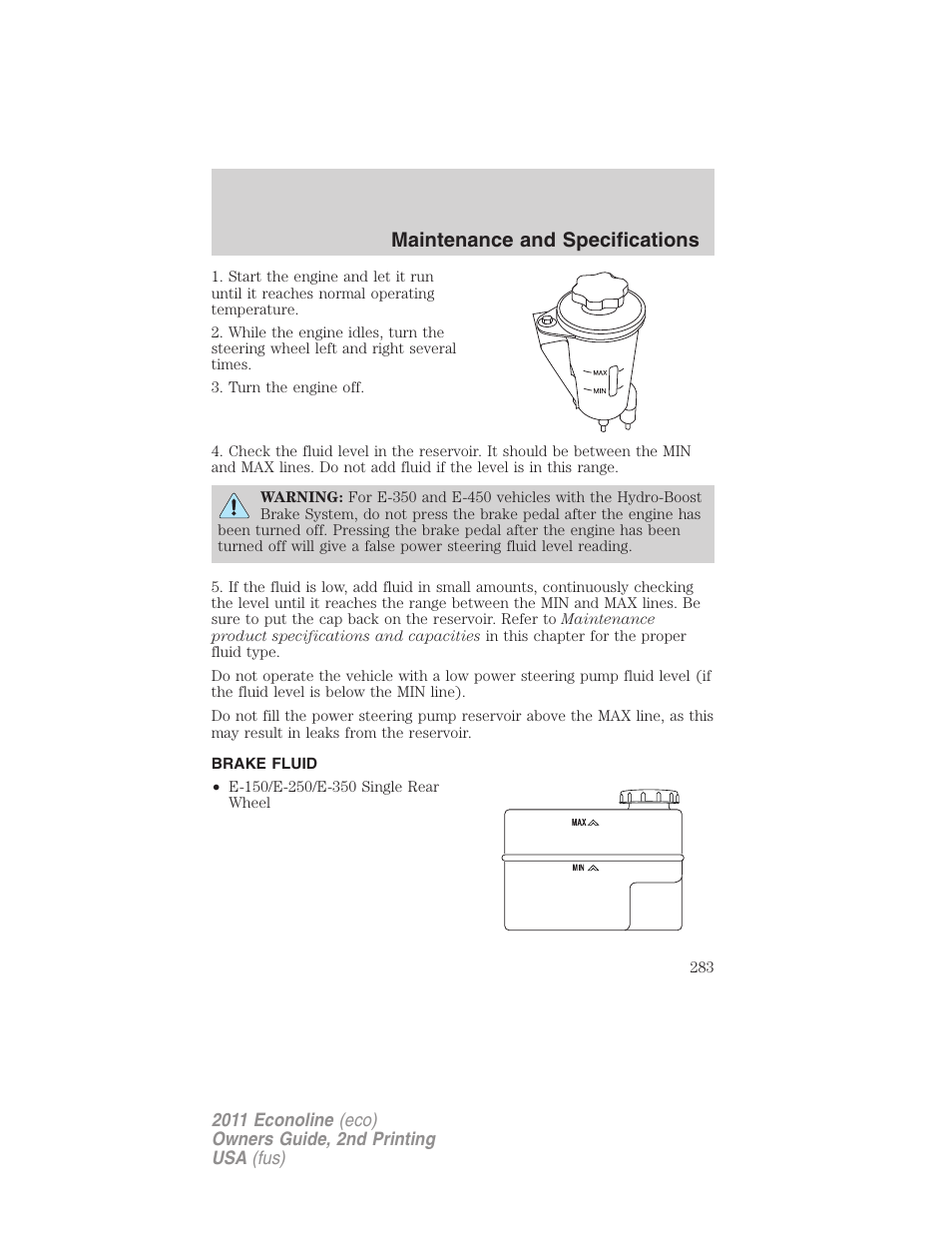 Brake fluid, Maintenance and specifications | FORD 2011 E-450 v.2 User Manual | Page 283 / 334