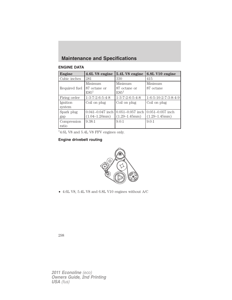 Engine data, Engine drivebelt routing, Maintenance and specifications | FORD 2011 E-450 v.2 User Manual | Page 298 / 334