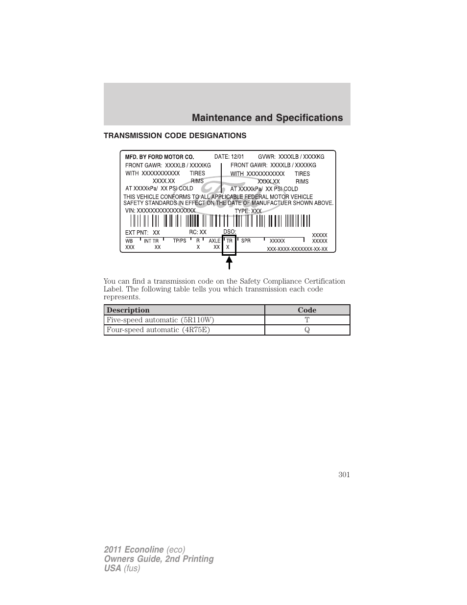 Transmission code designations, Maintenance and specifications | FORD 2011 E-450 v.2 User Manual | Page 301 / 334