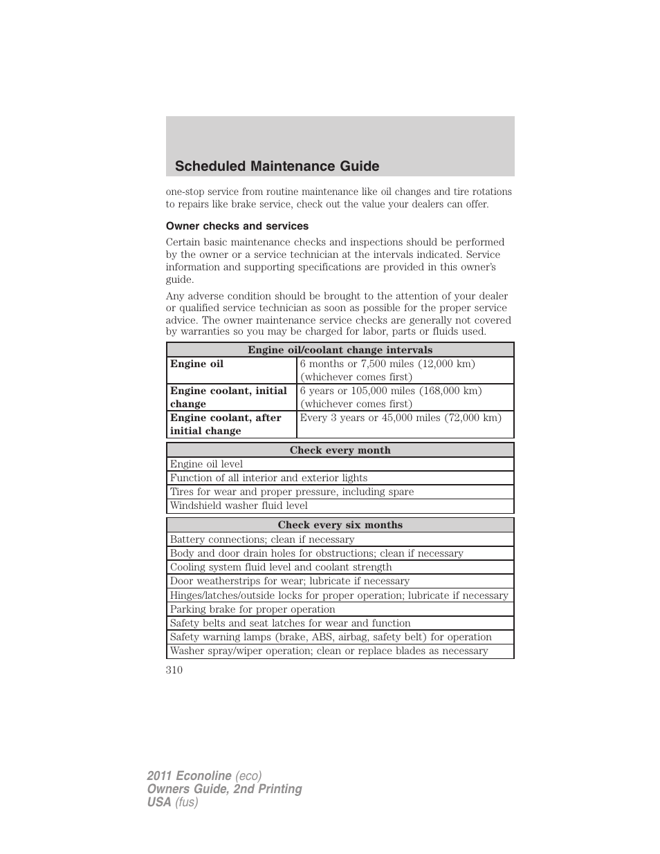 Owner checks and services, Scheduled maintenance guide | FORD 2011 E-450 v.2 User Manual | Page 310 / 334