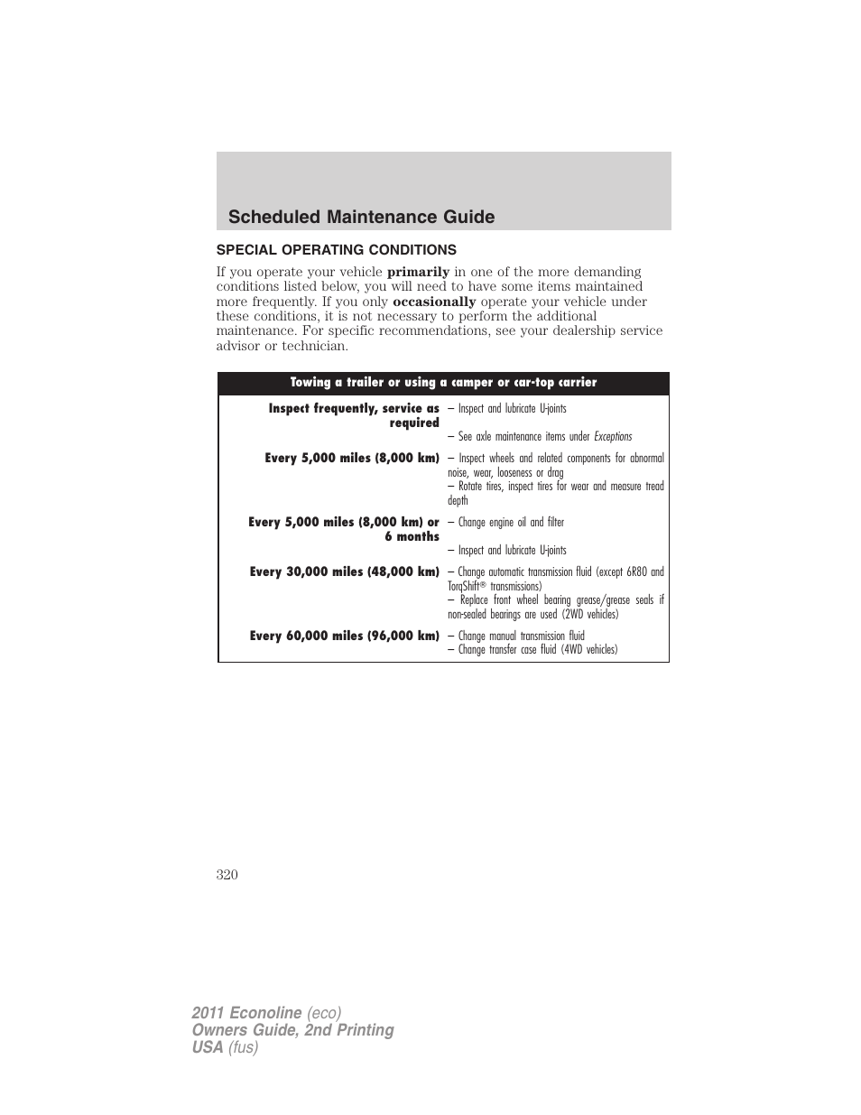 Special operating conditions, Scheduled maintenance guide | FORD 2011 E-450 v.2 User Manual | Page 320 / 334