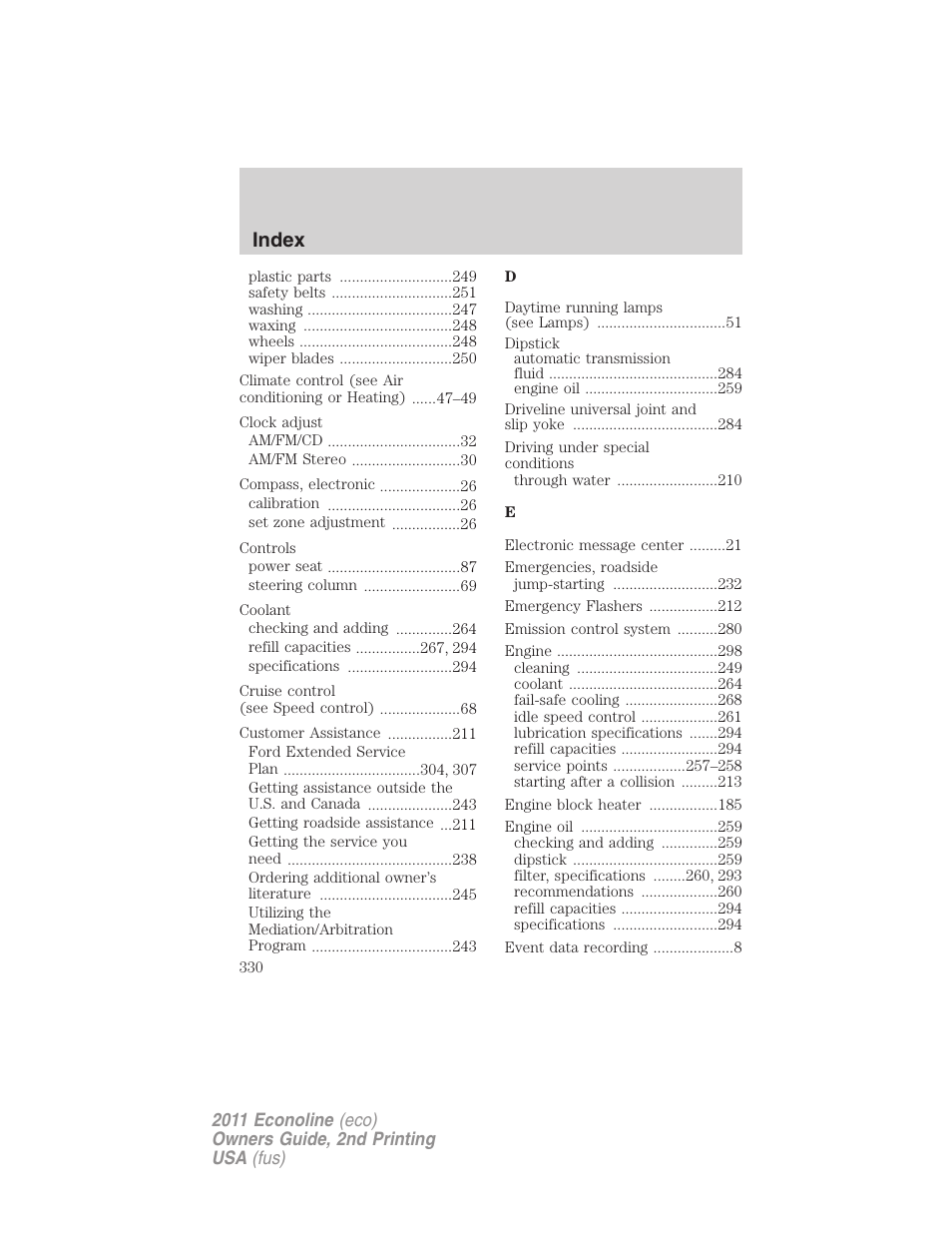 Index | FORD 2011 E-450 v.2 User Manual | Page 330 / 334