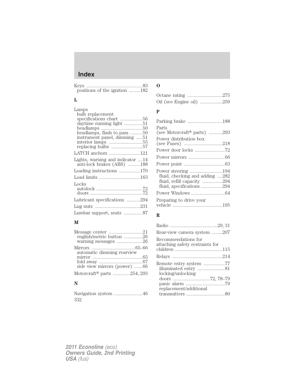 Index | FORD 2011 E-450 v.2 User Manual | Page 332 / 334