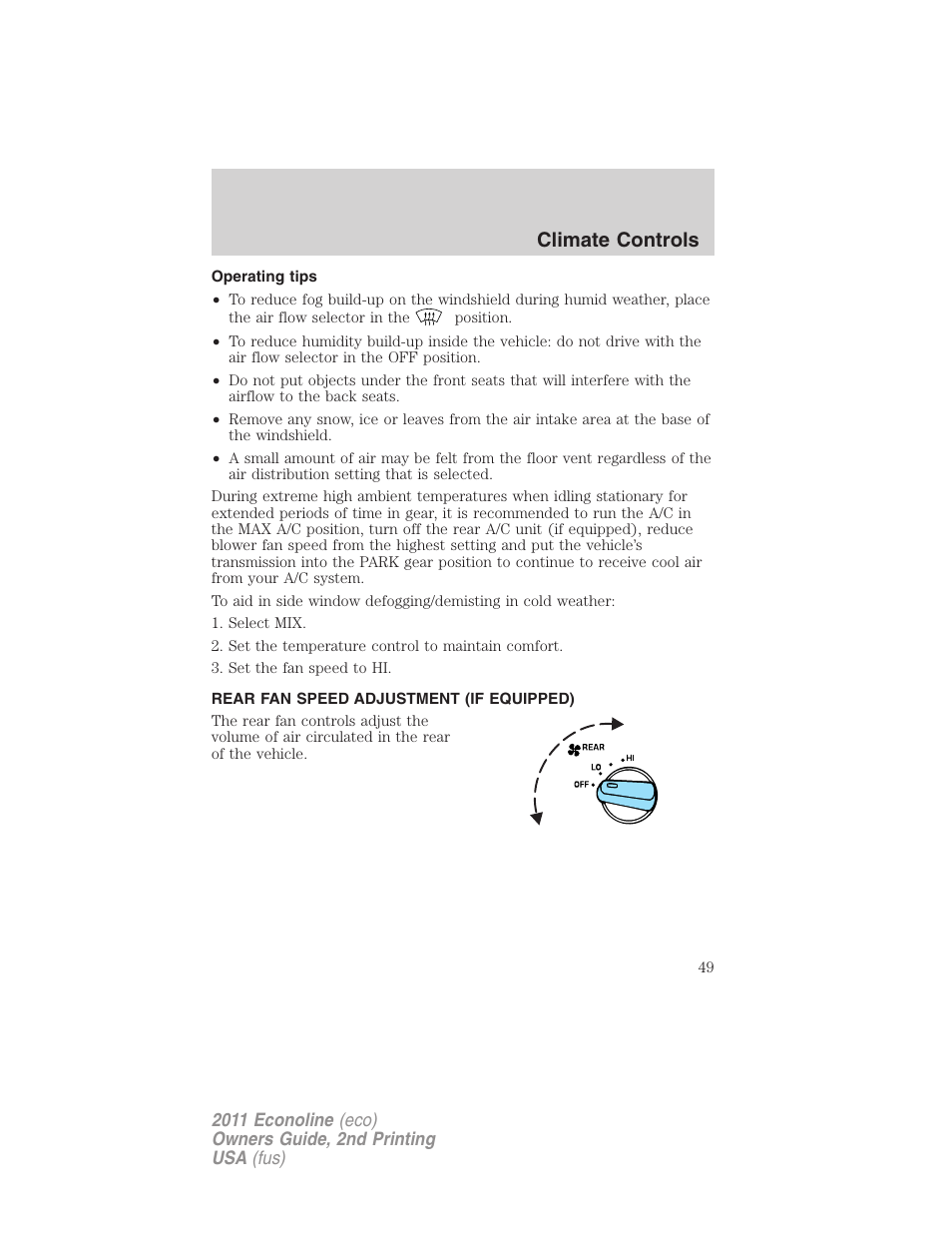 Operating tips, Rear fan speed adjustment (if equipped), Climate controls | FORD 2011 E-450 v.2 User Manual | Page 49 / 334