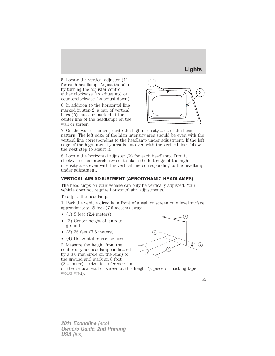 Vertical aim adjustment (aerodynamic headlamps), Lights | FORD 2011 E-450 v.2 User Manual | Page 53 / 334