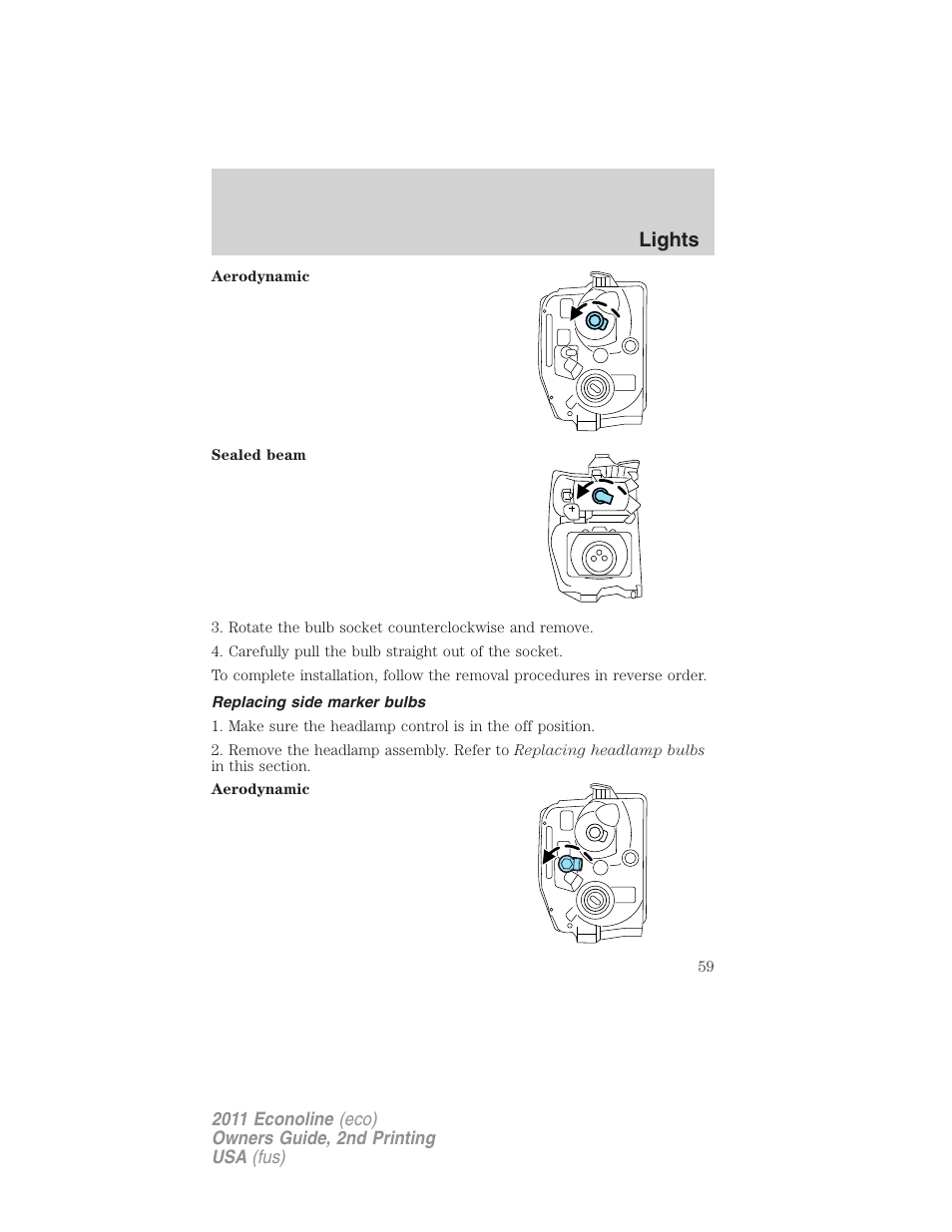 Replacing side marker bulbs, Lights | FORD 2011 E-450 v.2 User Manual | Page 59 / 334