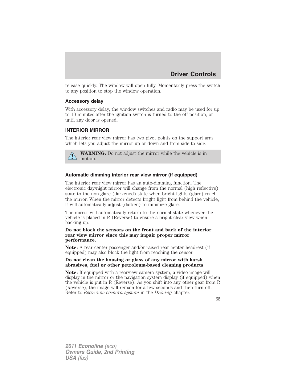 Accessory delay, Interior mirror, Mirrors | Driver controls | FORD 2011 E-450 v.2 User Manual | Page 65 / 334