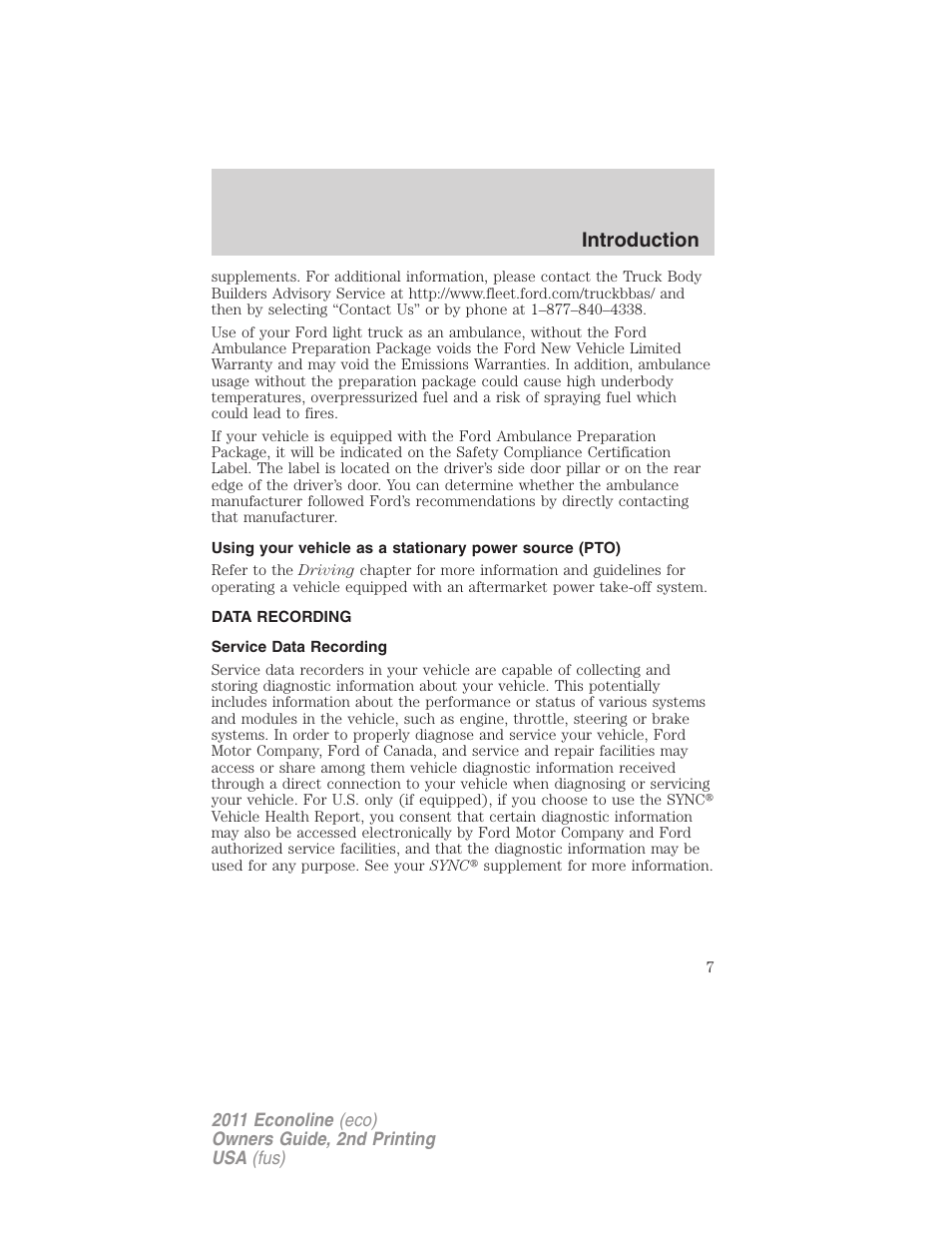 Data recording, Service data recording, Introduction | FORD 2011 E-450 v.2 User Manual | Page 7 / 334