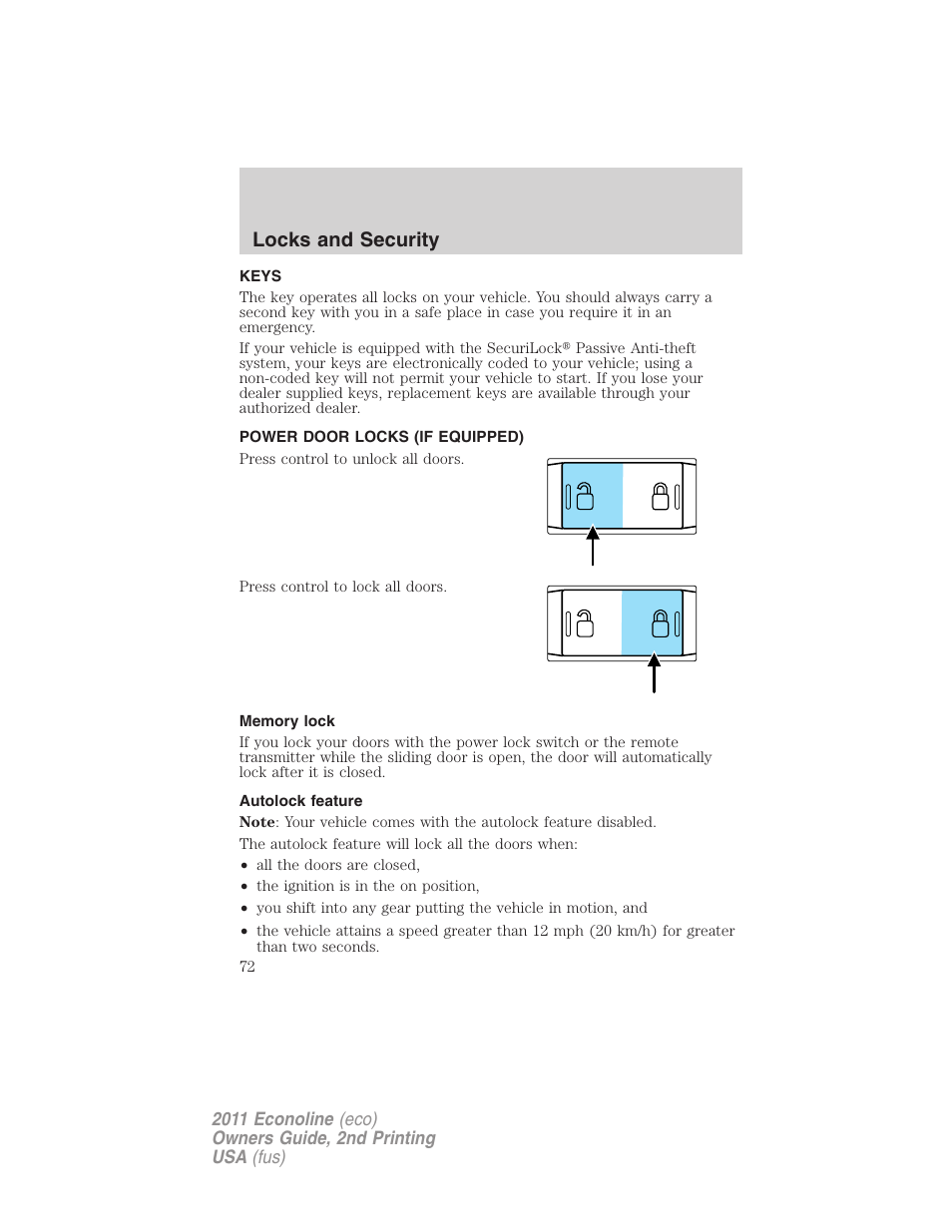 Locks and security, Keys, Power door locks (if equipped) | Memory lock, Autolock feature, Locks | FORD 2011 E-450 v.2 User Manual | Page 72 / 334