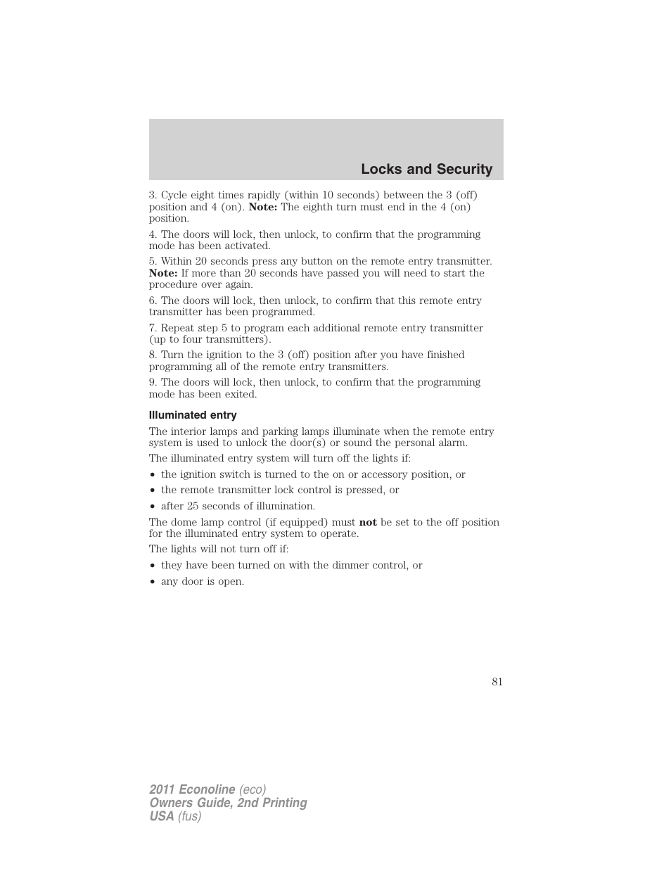 Illuminated entry, Locks and security | FORD 2011 E-450 v.2 User Manual | Page 81 / 334