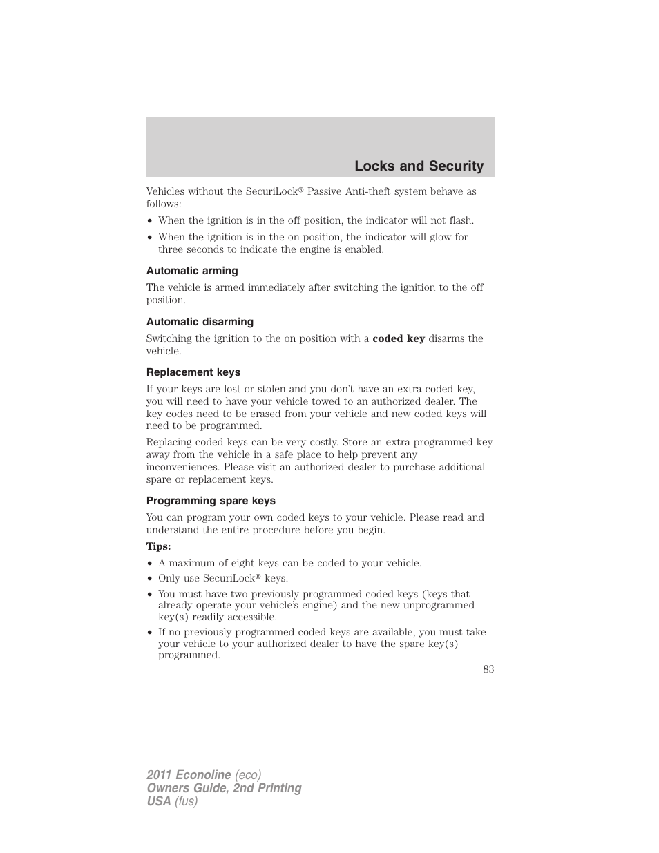 Automatic arming, Automatic disarming, Replacement keys | Programming spare keys, Locks and security | FORD 2011 E-450 v.2 User Manual | Page 83 / 334