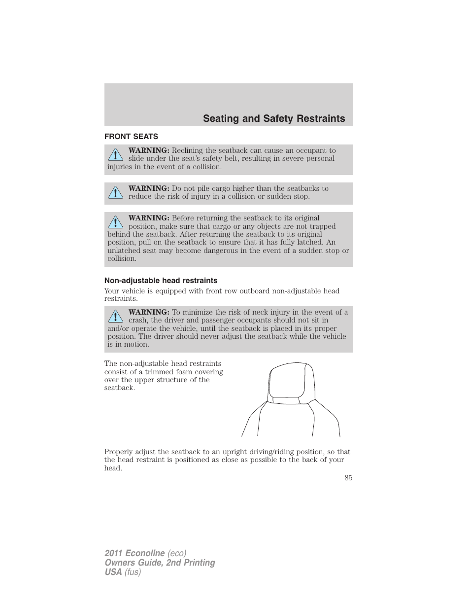 Seating and safety restraints, Front seats, Non-adjustable head restraints | Seating | FORD 2011 E-450 v.2 User Manual | Page 85 / 334