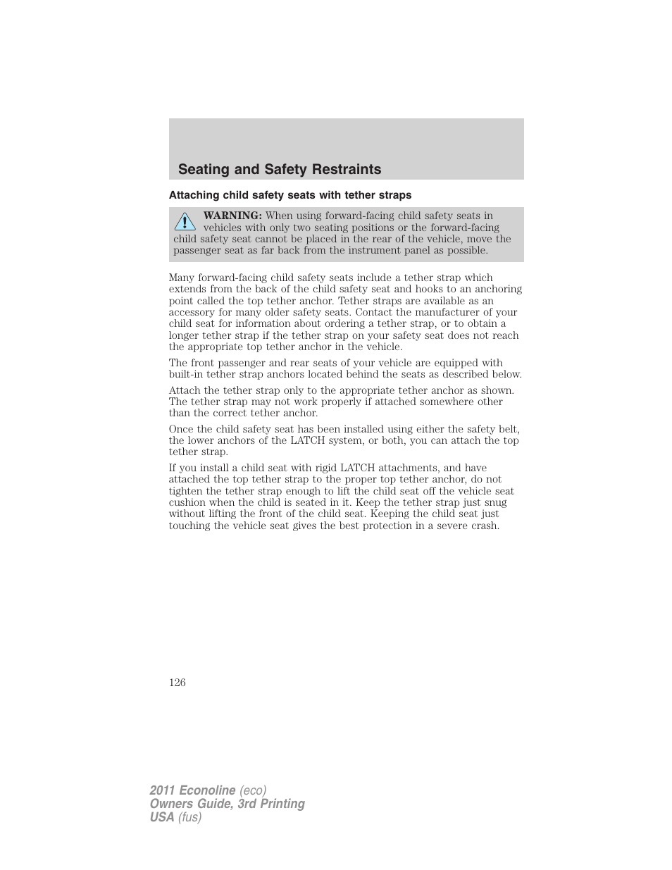 Attaching child safety seats with tether straps, Seating and safety restraints | FORD 2011 E-450 v.3 User Manual | Page 126 / 339