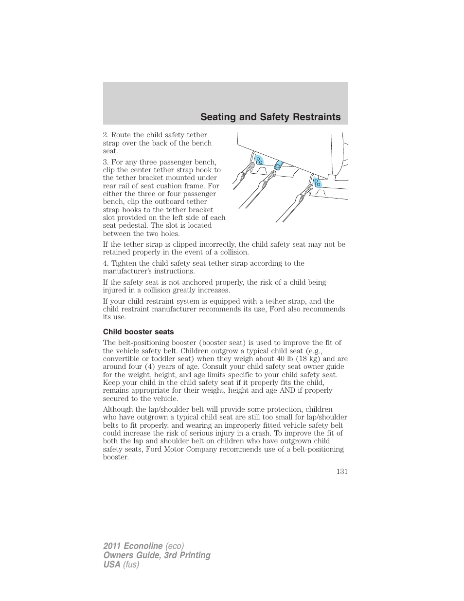 Child booster seats, Seating and safety restraints | FORD 2011 E-450 v.3 User Manual | Page 131 / 339