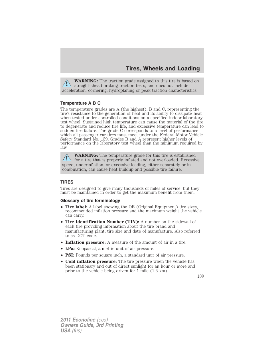 Temperature a b c, Tires, Glossary of tire terminology | Tires, wheels and loading | FORD 2011 E-450 v.3 User Manual | Page 139 / 339