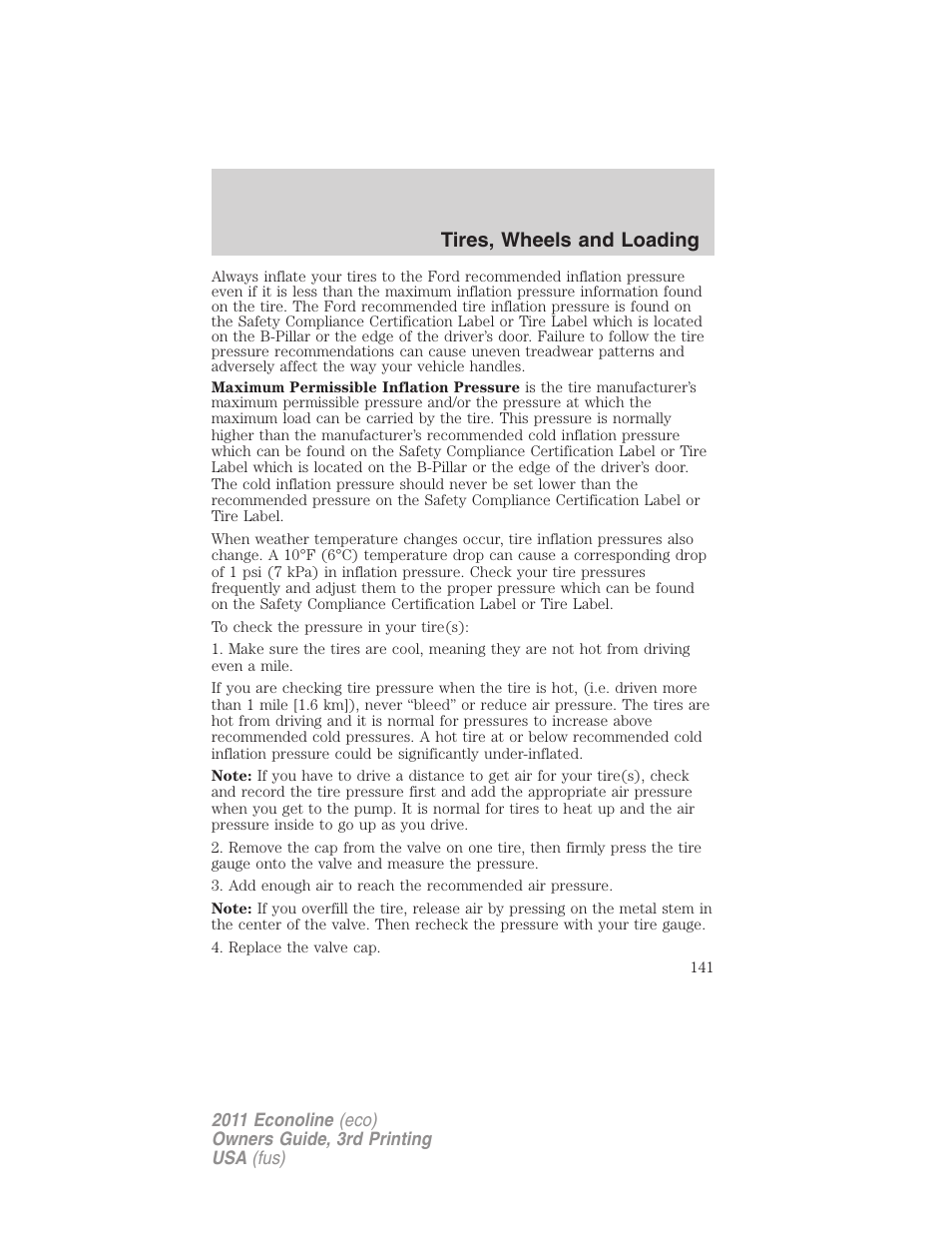 Tires, wheels and loading | FORD 2011 E-450 v.3 User Manual | Page 141 / 339