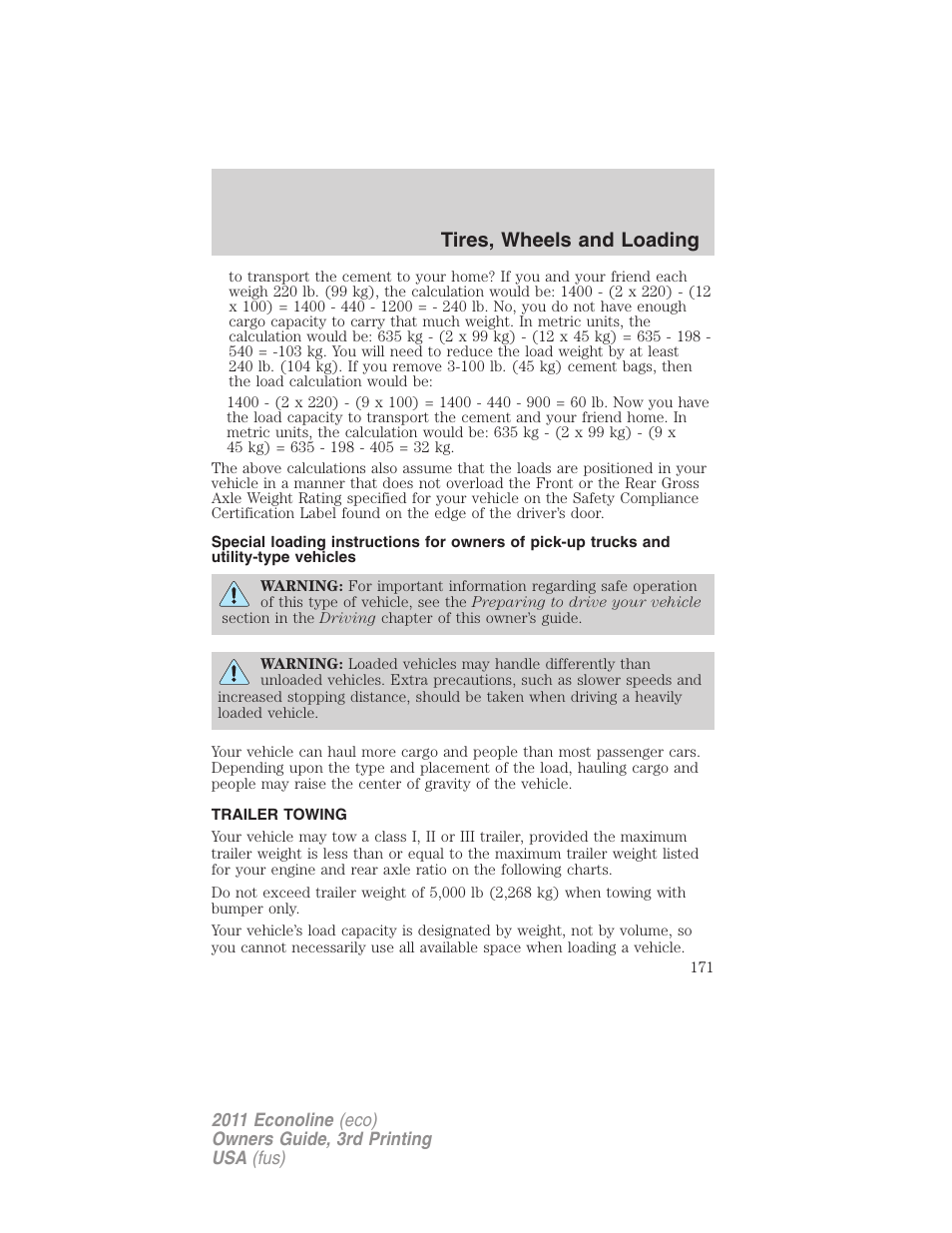 Trailer towing, Tires, wheels and loading | FORD 2011 E-450 v.3 User Manual | Page 171 / 339