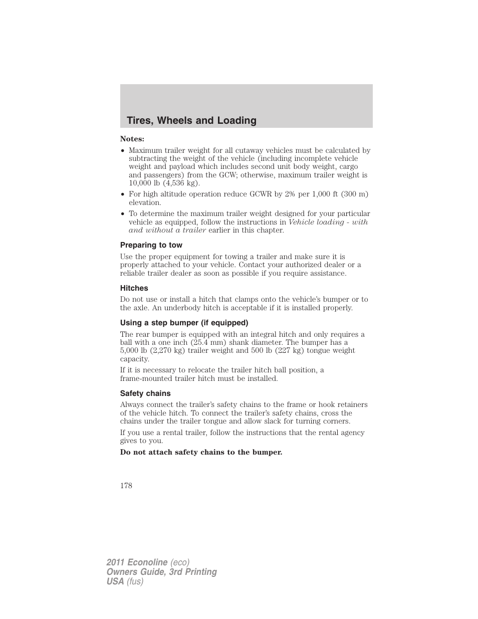 Preparing to tow, Hitches, Using a step bumper (if equipped) | Safety chains, Tires, wheels and loading | FORD 2011 E-450 v.3 User Manual | Page 178 / 339