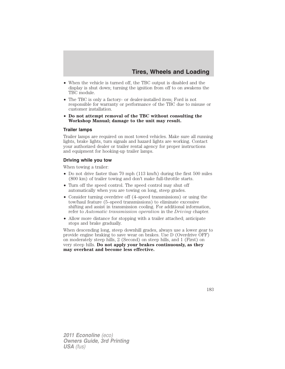 Trailer lamps, Driving while you tow, Tires, wheels and loading | FORD 2011 E-450 v.3 User Manual | Page 183 / 339