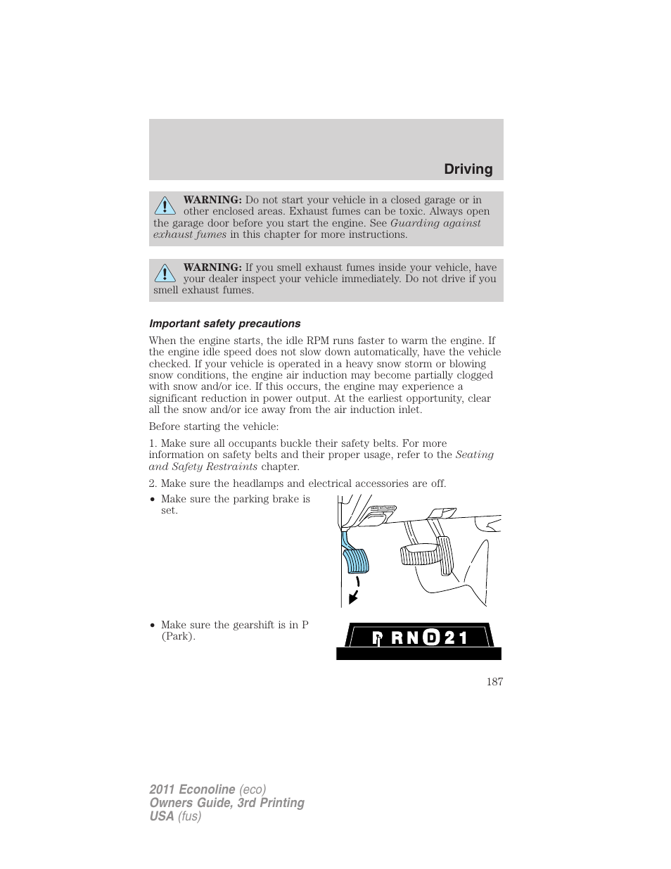 Important safety precautions, Driving | FORD 2011 E-450 v.3 User Manual | Page 187 / 339