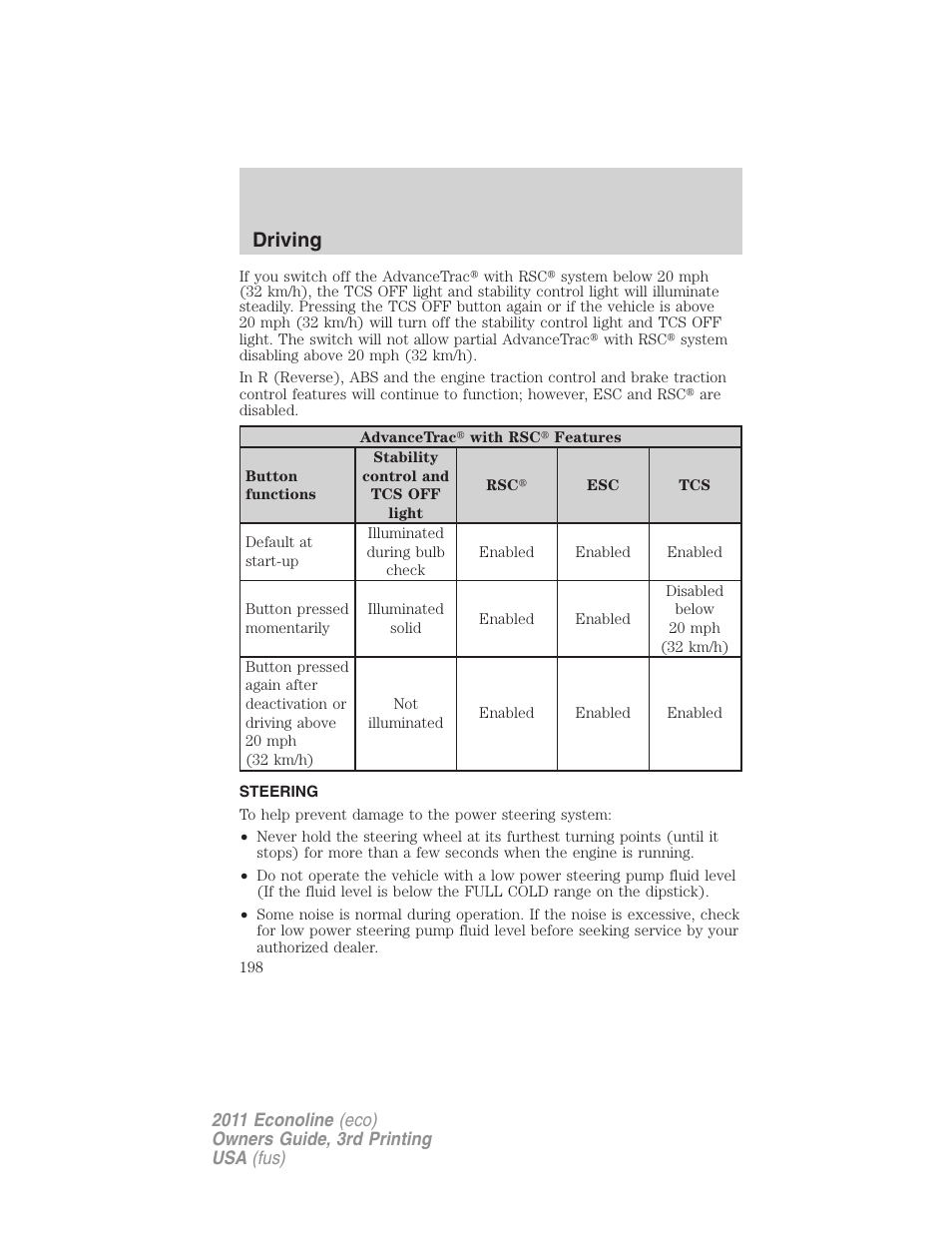 Steering, Driving | FORD 2011 E-450 v.3 User Manual | Page 198 / 339