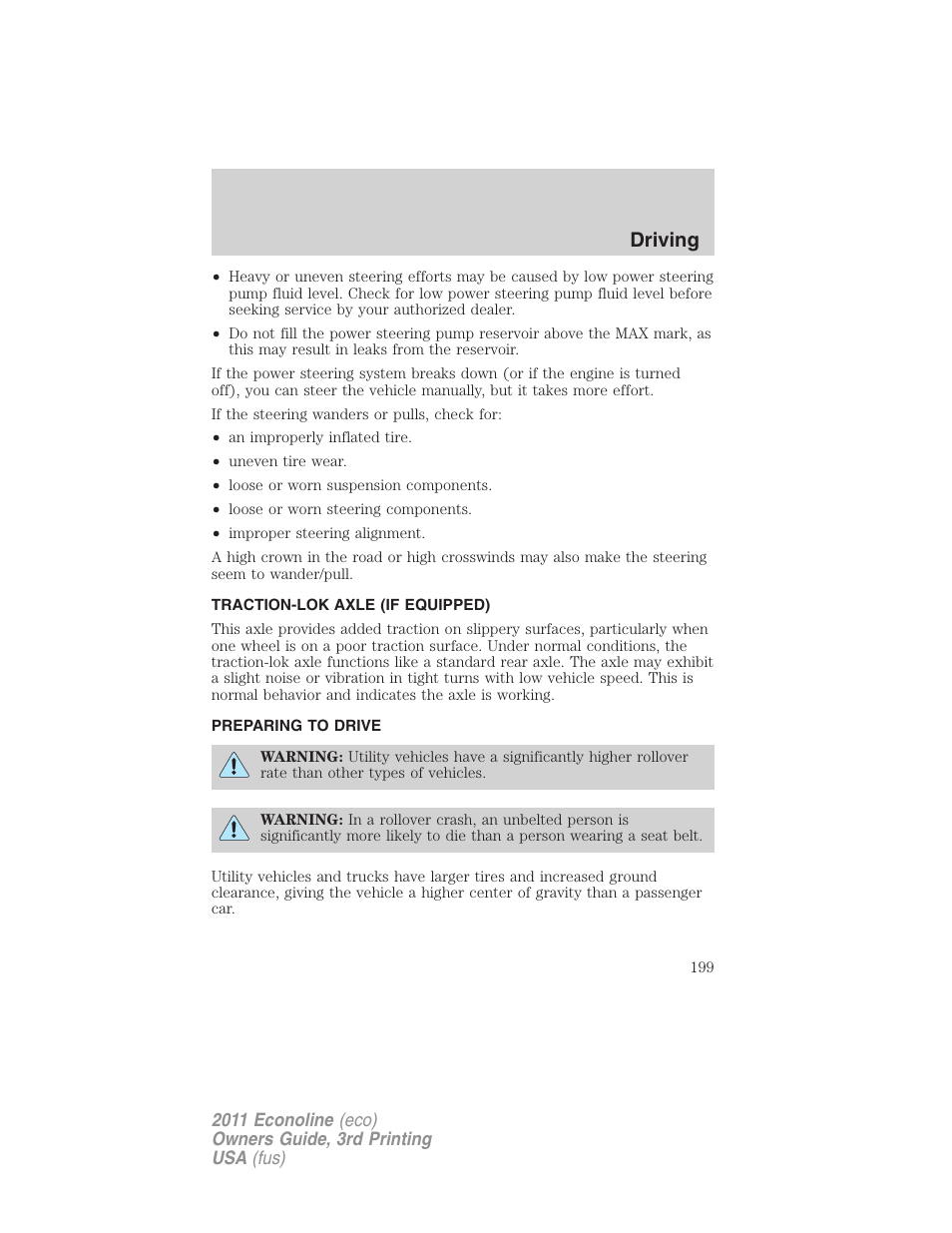 Traction-lok axle (if equipped), Preparing to drive, Driving | FORD 2011 E-450 v.3 User Manual | Page 199 / 339