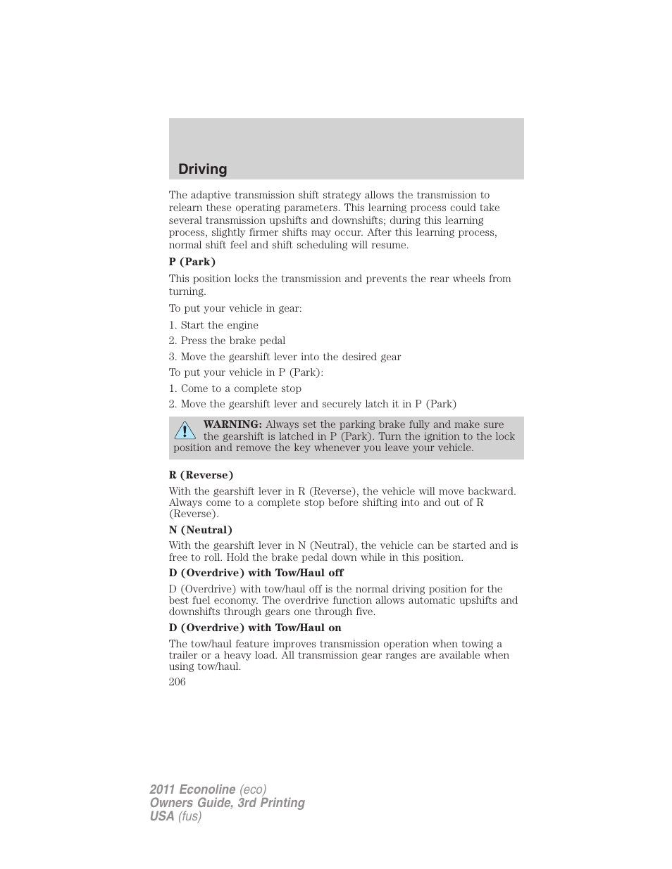 Driving | FORD 2011 E-450 v.3 User Manual | Page 206 / 339