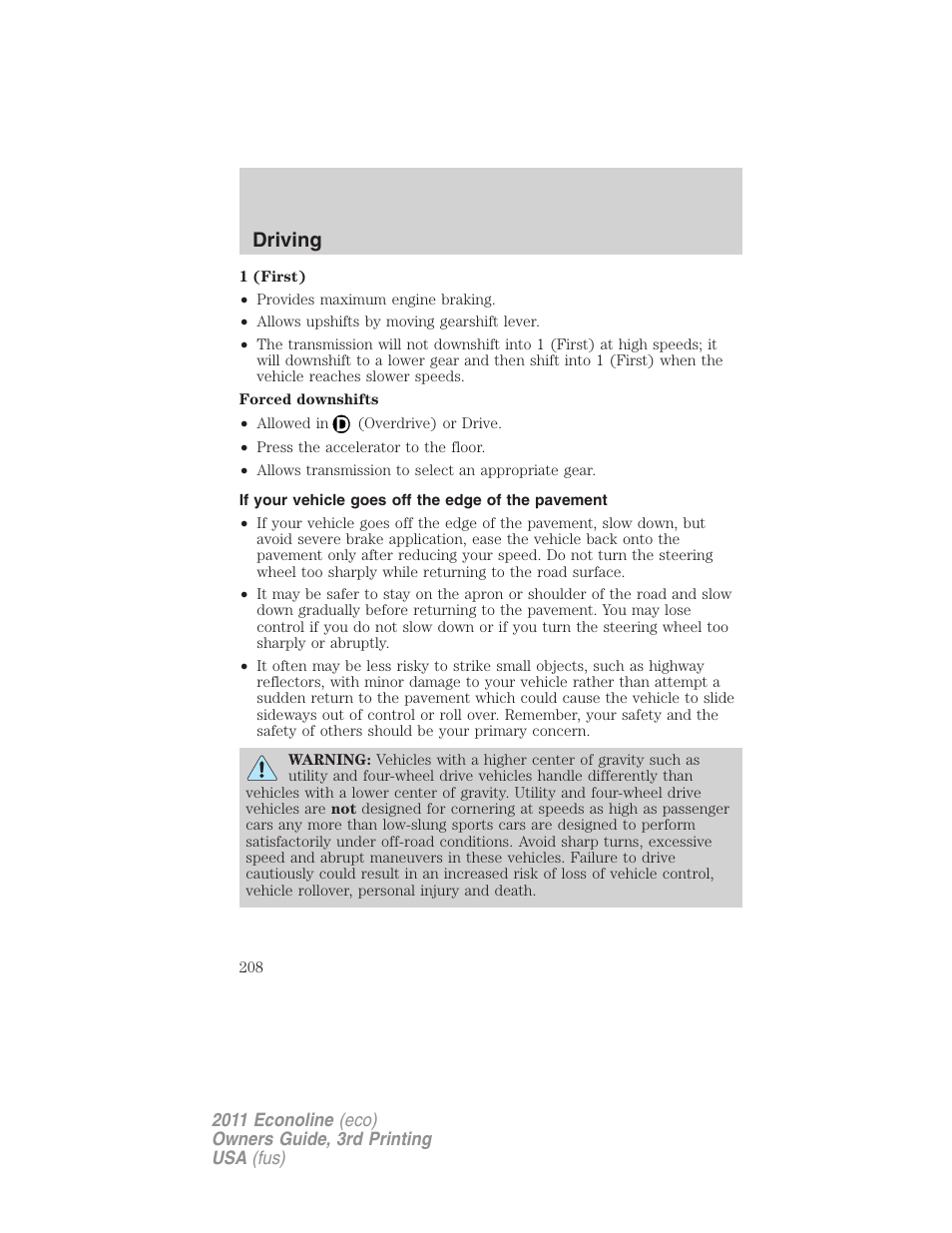 If your vehicle goes off the edge of the pavement, Driving | FORD 2011 E-450 v.3 User Manual | Page 208 / 339