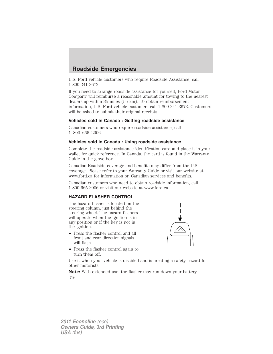 Hazard flasher control, Roadside emergencies | FORD 2011 E-450 v.3 User Manual | Page 216 / 339