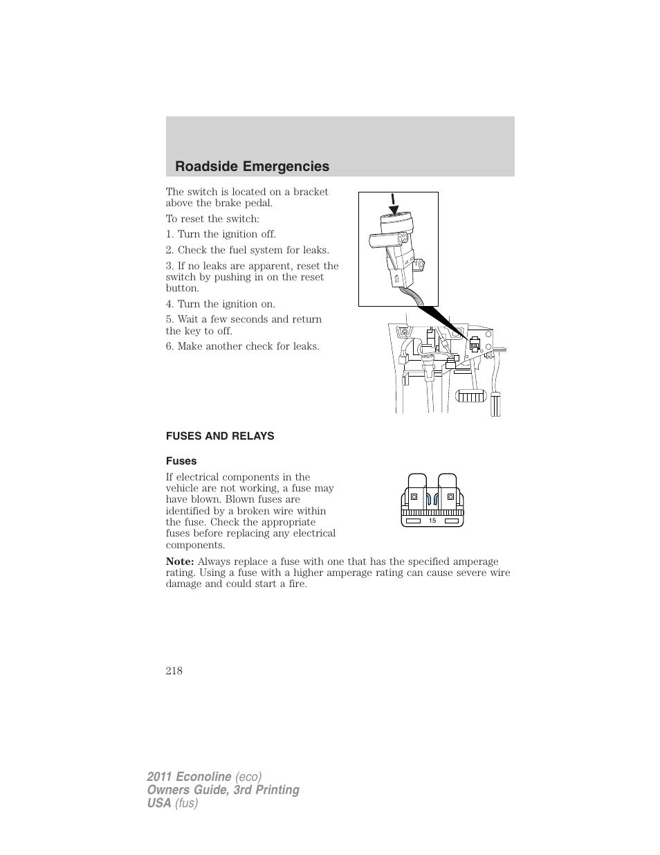 Fuses and relays, Fuses, Roadside emergencies | FORD 2011 E-450 v.3 User Manual | Page 218 / 339