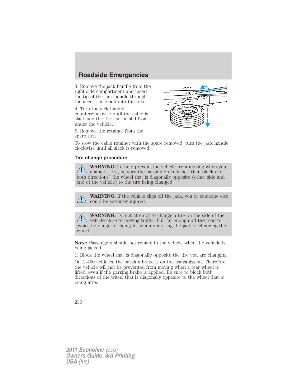 Tire change procedure, Roadside emergencies | FORD 2011 E-450 v.3 User Manual | Page 230 / 339