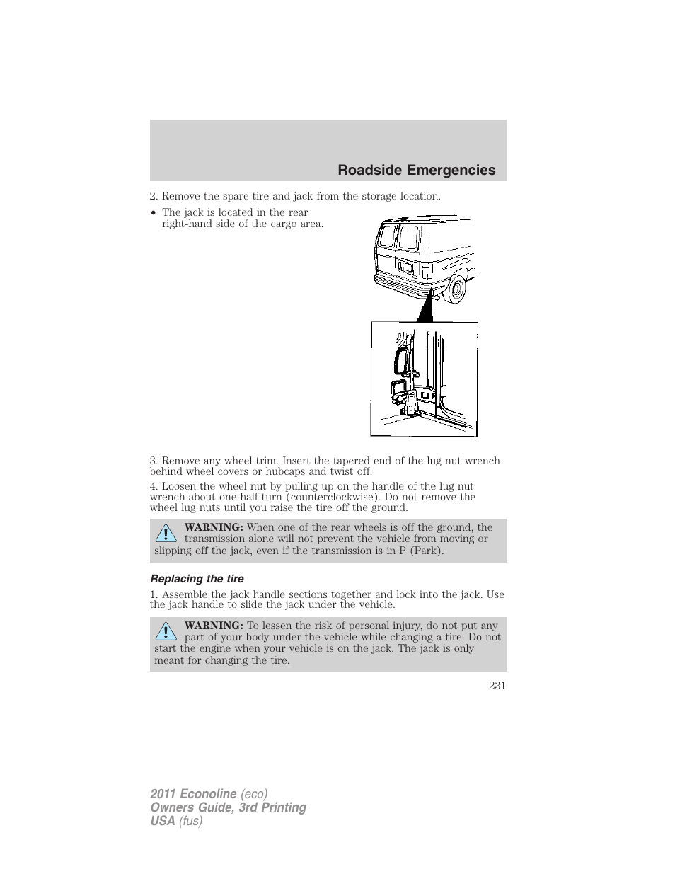 Replacing the tire, Roadside emergencies | FORD 2011 E-450 v.3 User Manual | Page 231 / 339