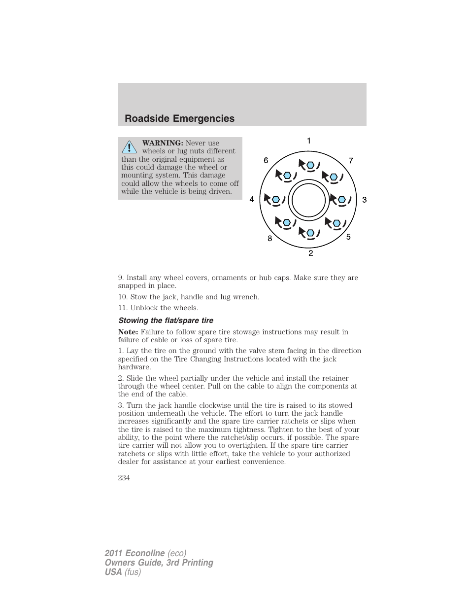 Stowing the flat/spare tire, Roadside emergencies | FORD 2011 E-450 v.3 User Manual | Page 234 / 339