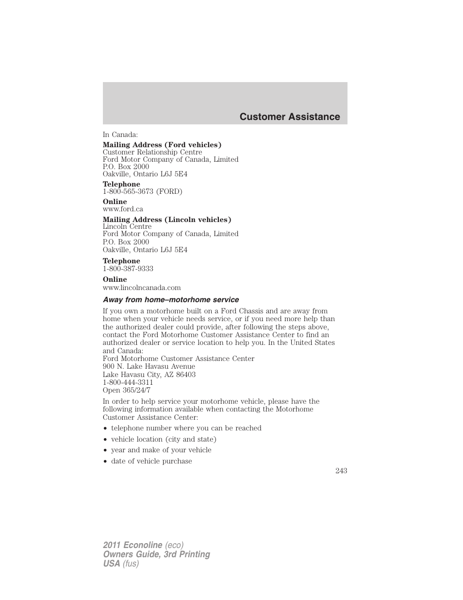 Away from home–motorhome service, Customer assistance | FORD 2011 E-450 v.3 User Manual | Page 243 / 339