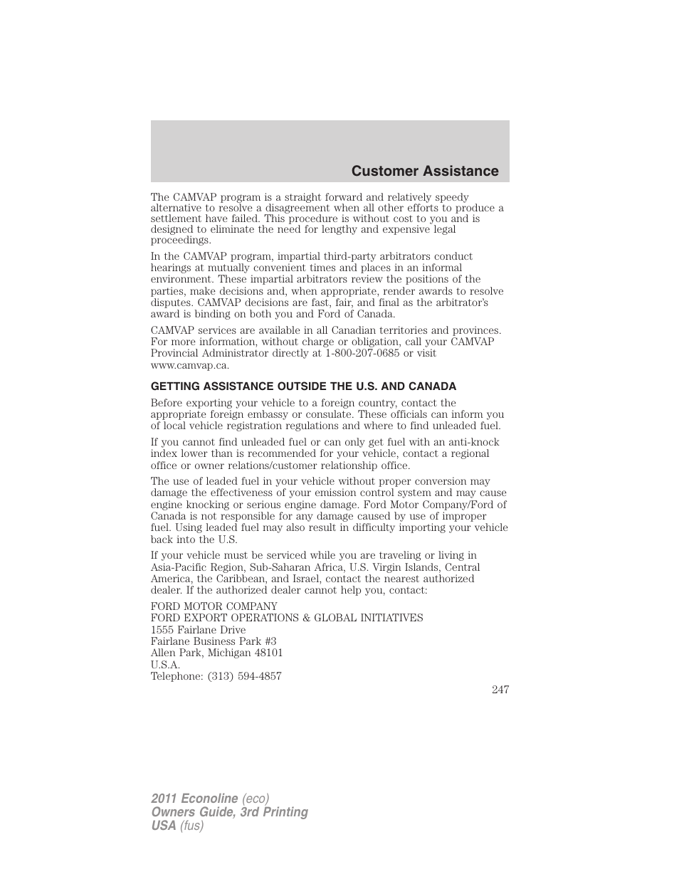 Getting assistance outside the u.s. and canada, Customer assistance | FORD 2011 E-450 v.3 User Manual | Page 247 / 339