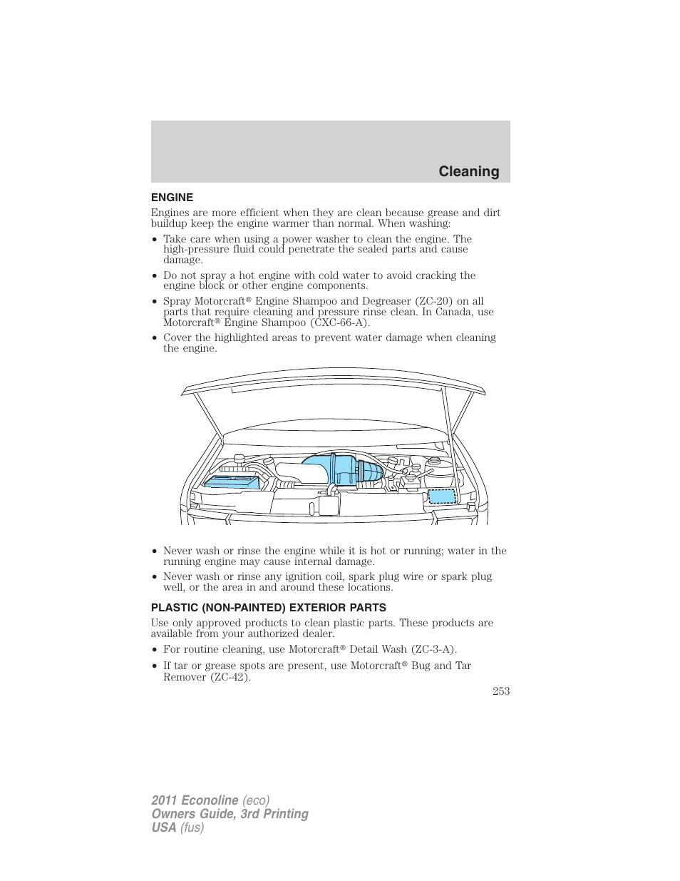 Engine, Plastic (non-painted) exterior parts, Cleaning | FORD 2011 E-450 v.3 User Manual | Page 253 / 339