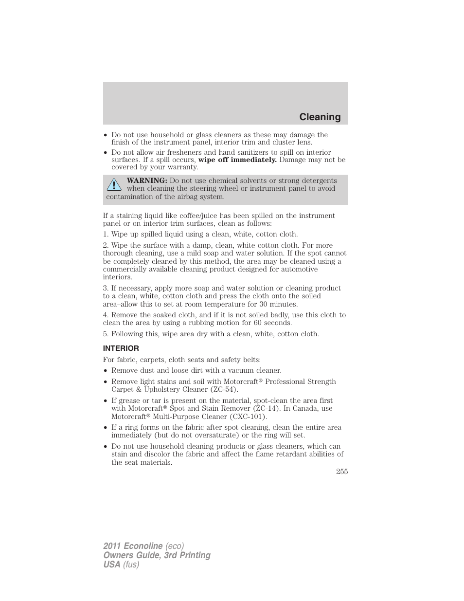 Interior, Cleaning | FORD 2011 E-450 v.3 User Manual | Page 255 / 339