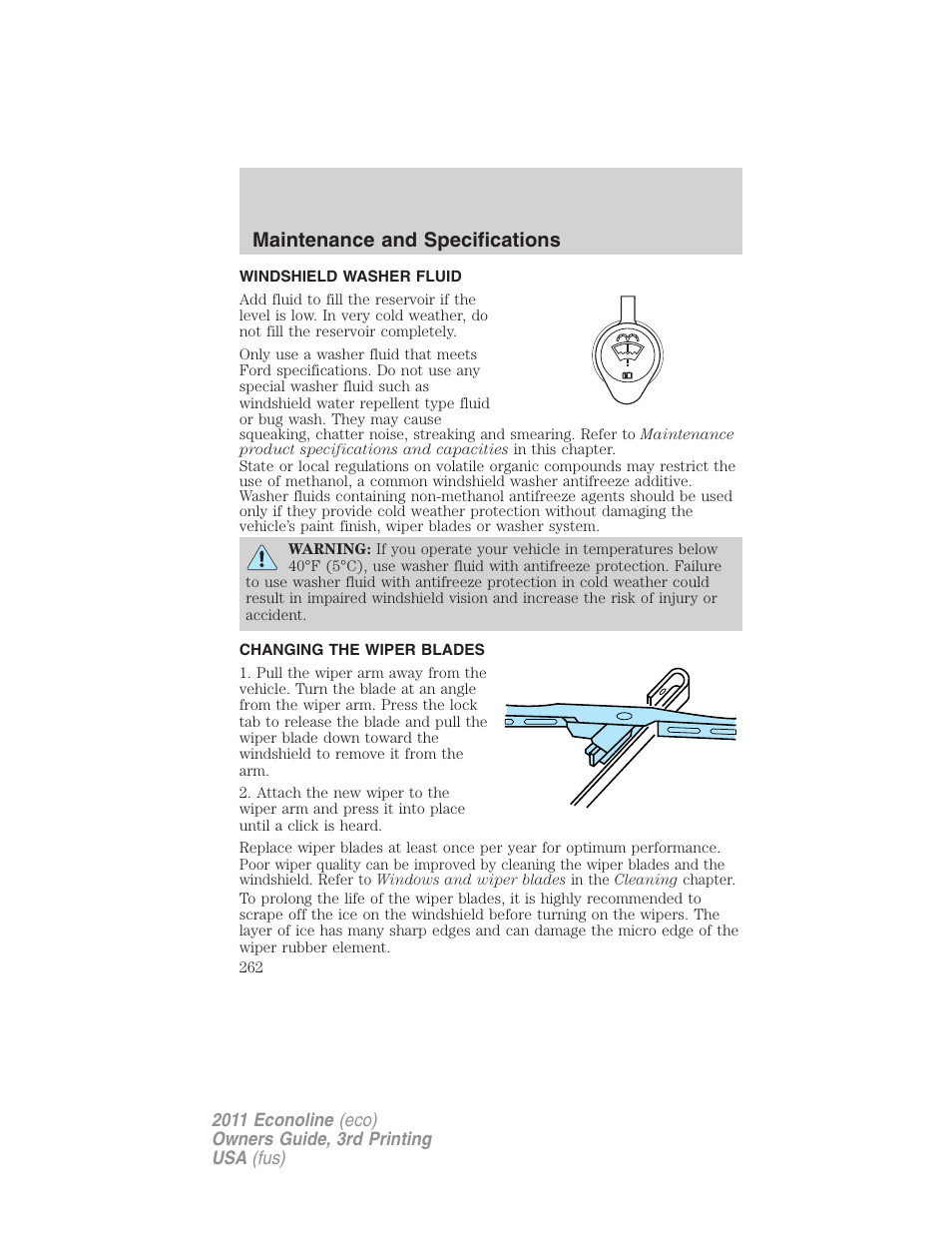 Windshield washer fluid, Changing the wiper blades, Maintenance and specifications | FORD 2011 E-450 v.3 User Manual | Page 262 / 339