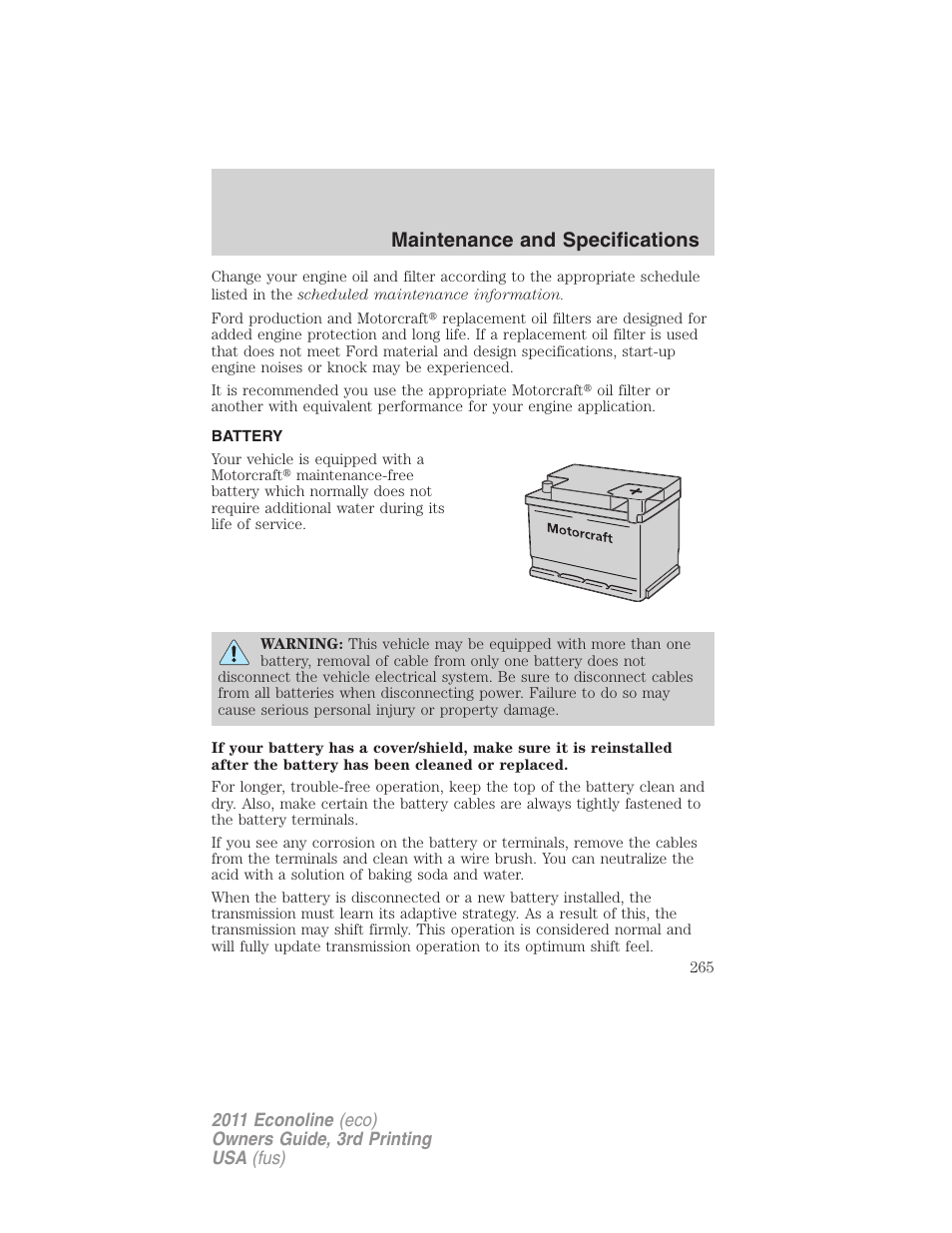 Battery, Maintenance and specifications | FORD 2011 E-450 v.3 User Manual | Page 265 / 339
