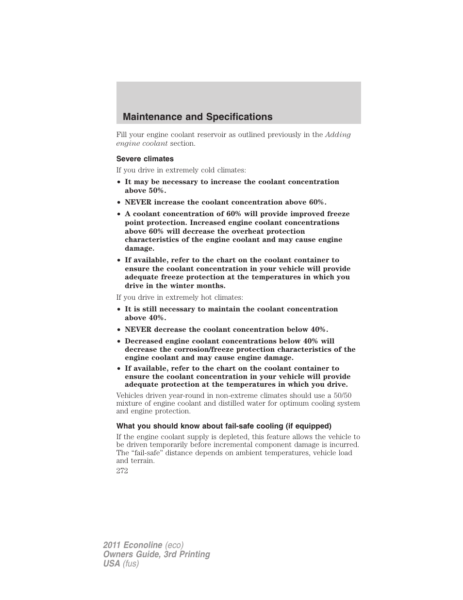 Severe climates, Maintenance and specifications | FORD 2011 E-450 v.3 User Manual | Page 272 / 339