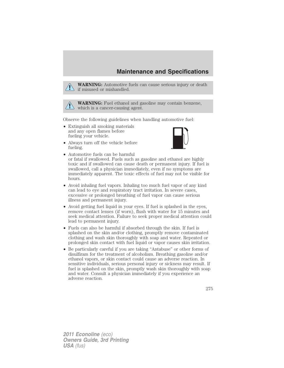 Maintenance and specifications | FORD 2011 E-450 v.3 User Manual | Page 275 / 339