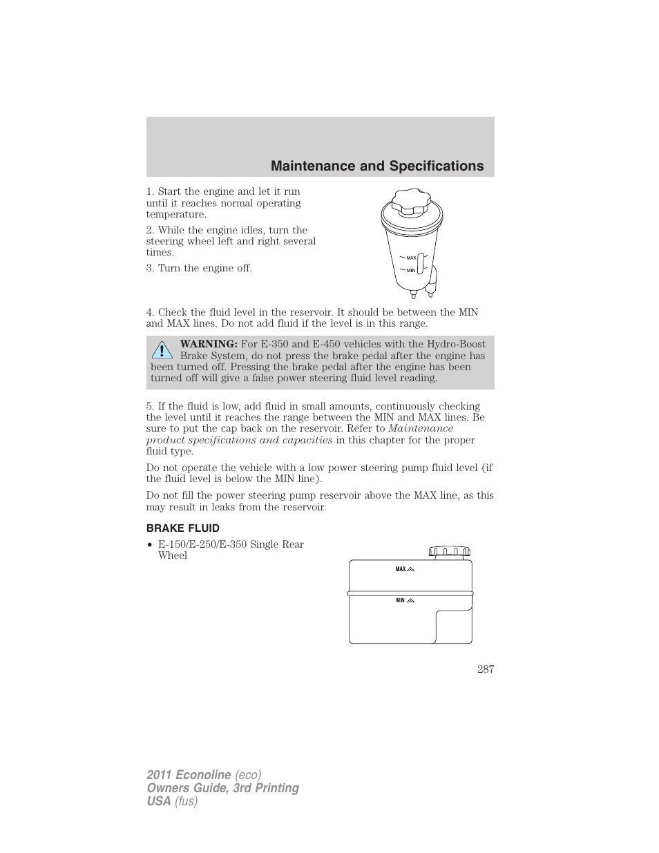 Brake fluid, Maintenance and specifications | FORD 2011 E-450 v.3 User Manual | Page 287 / 339