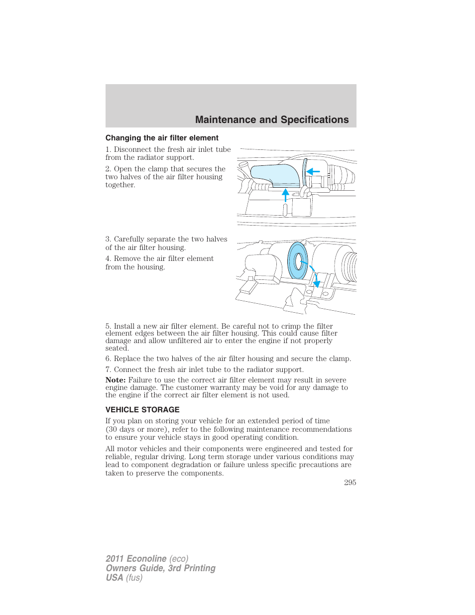 Changing the air filter element, Vehicle storage, Maintenance and specifications | FORD 2011 E-450 v.3 User Manual | Page 295 / 339